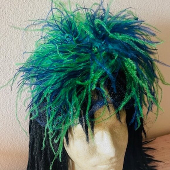 Vintage Mr. John Cocktail Hat Fascinator with Blue & Green Feathers and hat box
